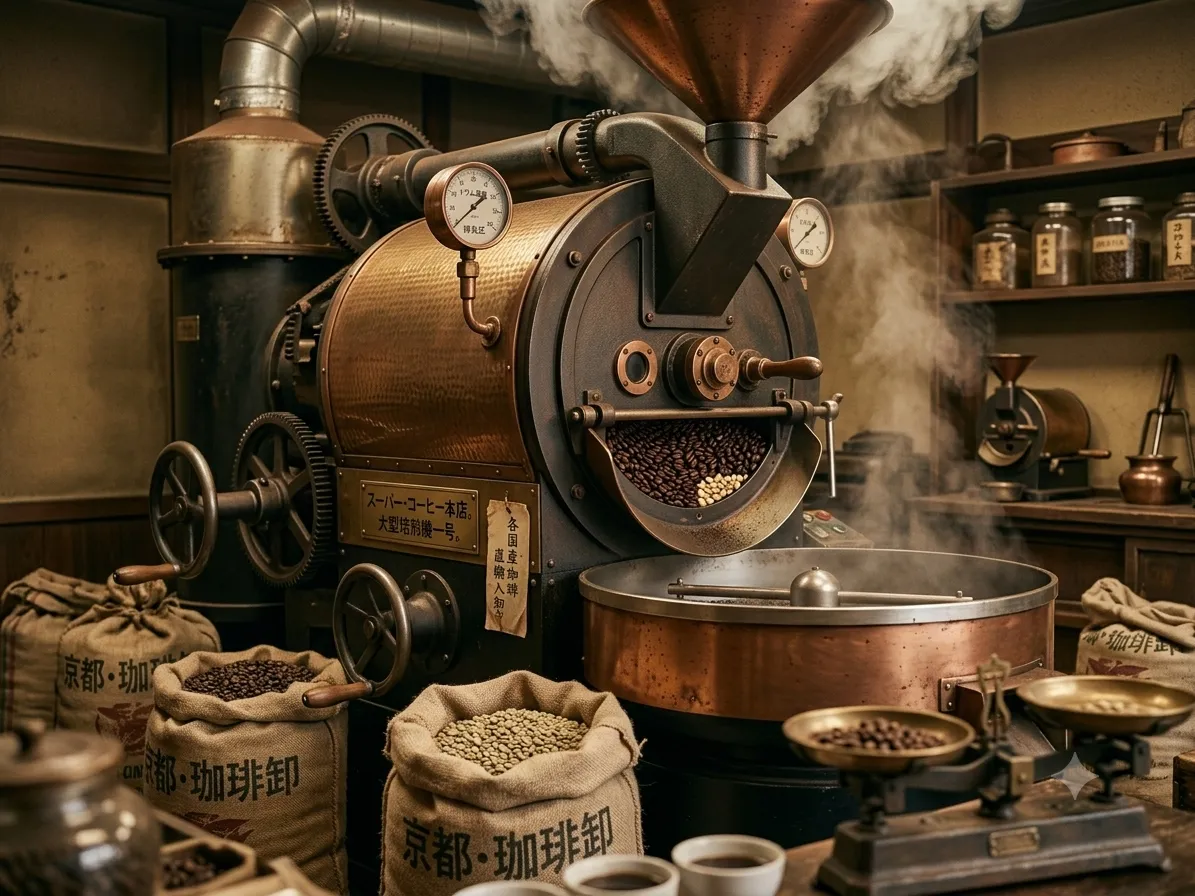 京都スーパーコーヒーの焙煎工房 — 大型焙煎機とコーヒー生豆